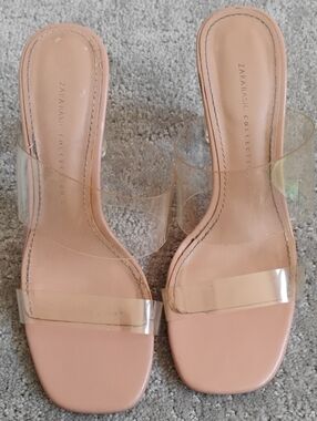 Zara Nude Pink Clear Strap Slide Mules. Size 7.